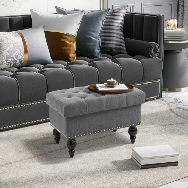 English Elm Homcom Stylish Storage Ottoman - 25" Button-Tufted Gray Bench With Removable Lid & Wood Legs W2225P217738