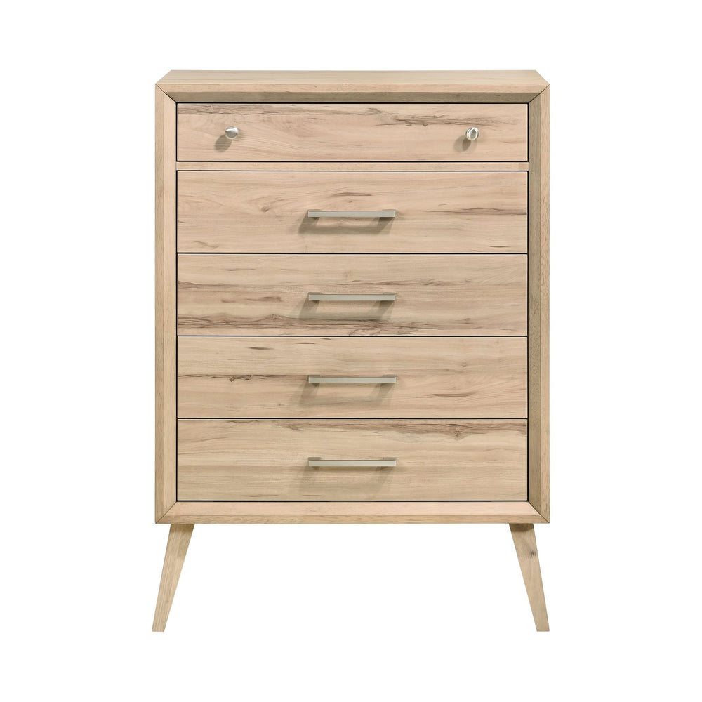 English Elm Mid-Century Natural Oak 5-Drawer Chest with Brushed Nickel Hardware, Slim Legs, Timeless Bedroom Style B011P224818