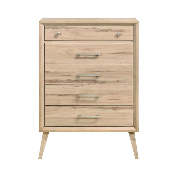 English Elm Mid-Century Natural Oak 5-Drawer Chest with Brushed Nickel Hardware, Slim Legs, Timeless Bedroom Style B011P224818