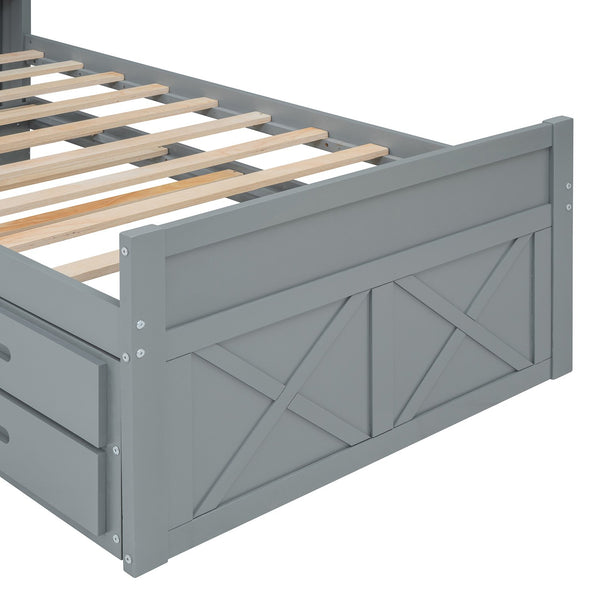 English Elm Twin Storage Bed with Headboard Outlets, Extendable Trundle & 3 Drawers, Durable MDF/Plywood Design Gray 45.5 L x 21.5 W x 8 H N733S172839E