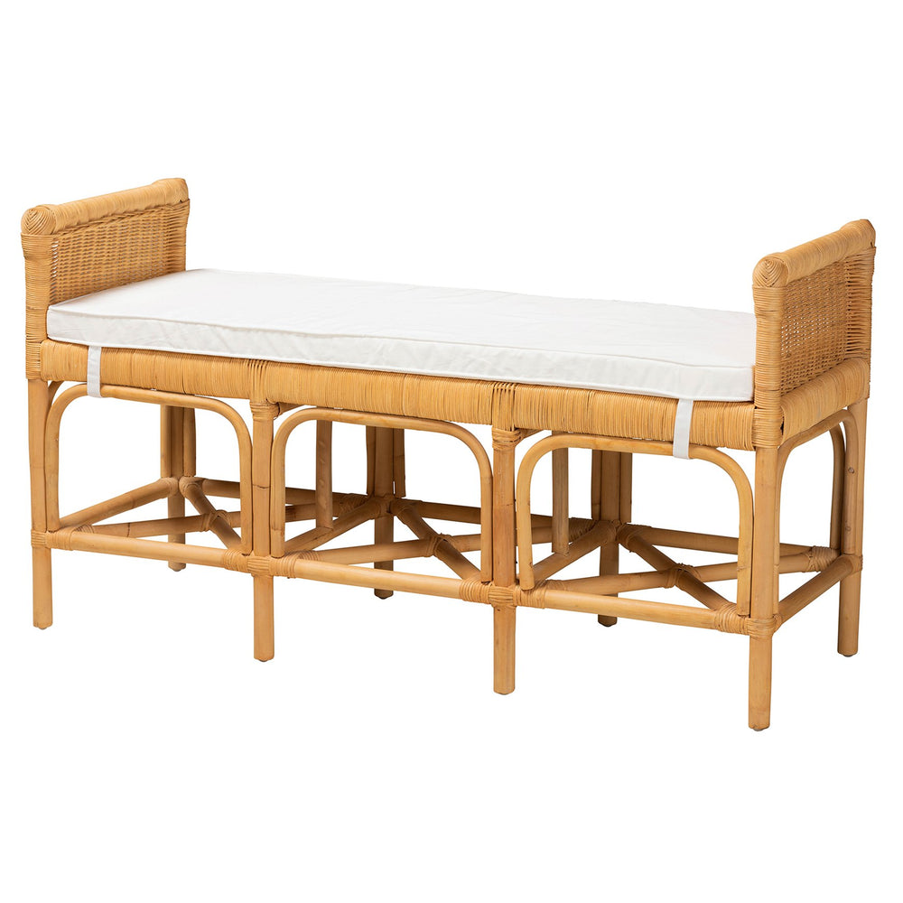 English Elm Modern Bohemian Rattan Bench with Woven Frame Open Shelf and Cushion for Entryway B2750P467674