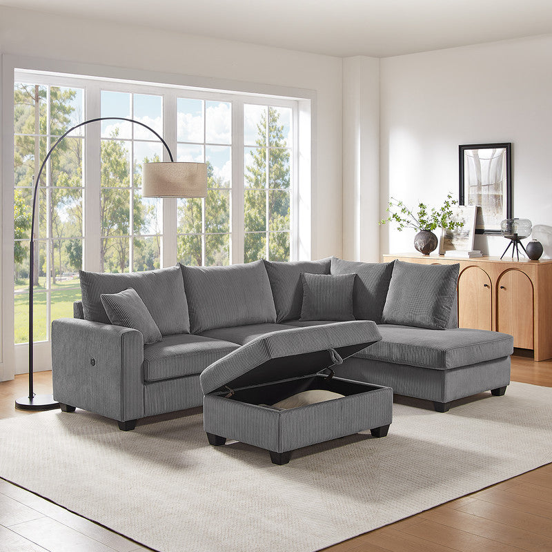 English Elm Romano Corduroy Sectional Sofa with Chaise Storage Ottoman and Built-in Charging Ports B2749S00273
