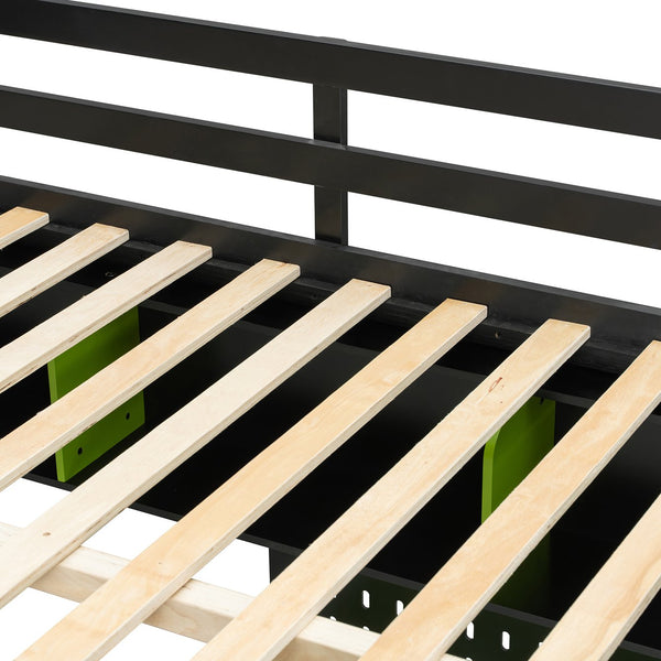 English Elm Full Size Gaming Loft Bed with Built-in Desk Led Lighting Usb Ports and Pegboard Black+Green LT000270AAG