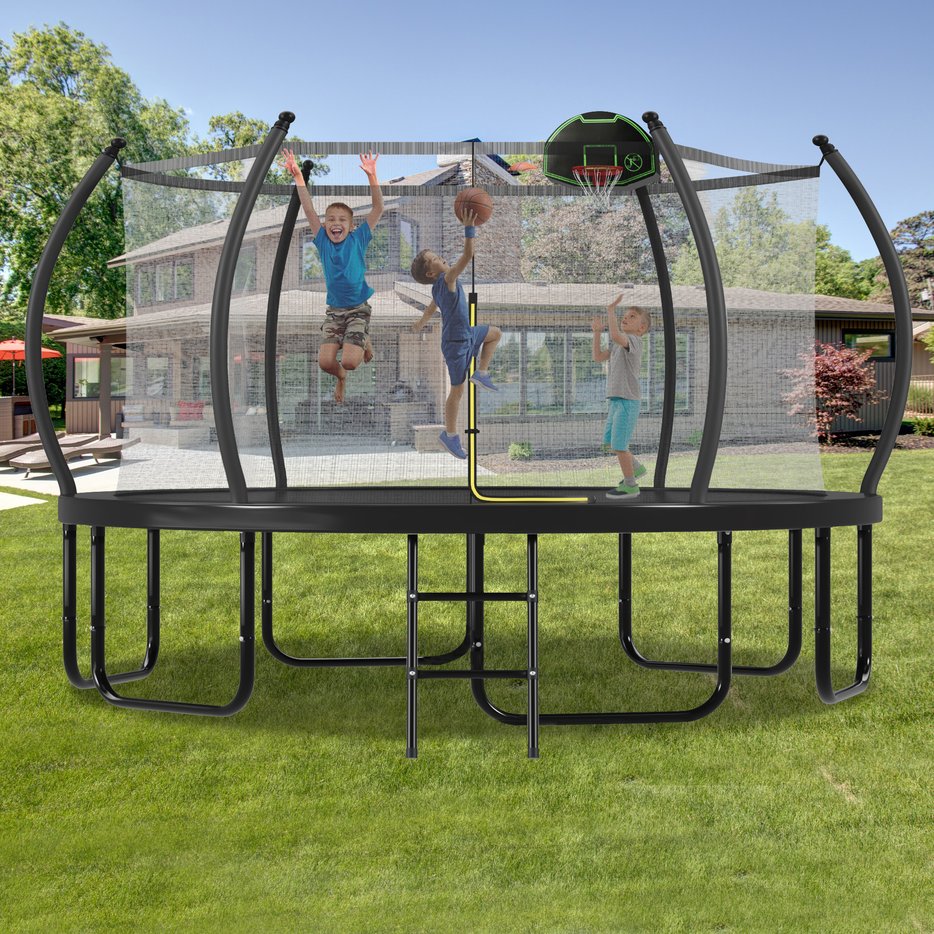 English Elm 16ft Round Outdoor Trampoline Galvanized Steel Frame Basketball Hoop Safety Net N739S000016B