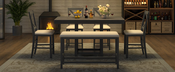 English Elm U_style Rubberwood Farmhouse Bar Table Set Expandable Crossback Chairs Bench Seating Grey WY000534AAE