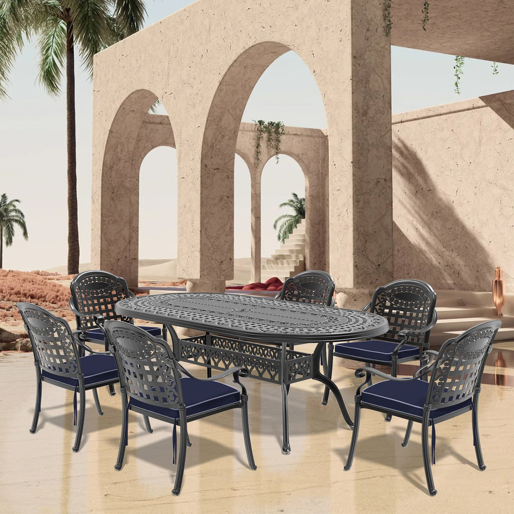 English Elm 7-Piece Durable Cast Aluminum Patio Set With Blue Cushions - Stylish Outdoor Dining & Comfort W1710S00497