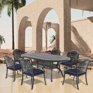 English Elm 7-Piece Durable Cast Aluminum Patio Set With Blue Cushions - Stylish Outdoor Dining & Comfort W1710S00497