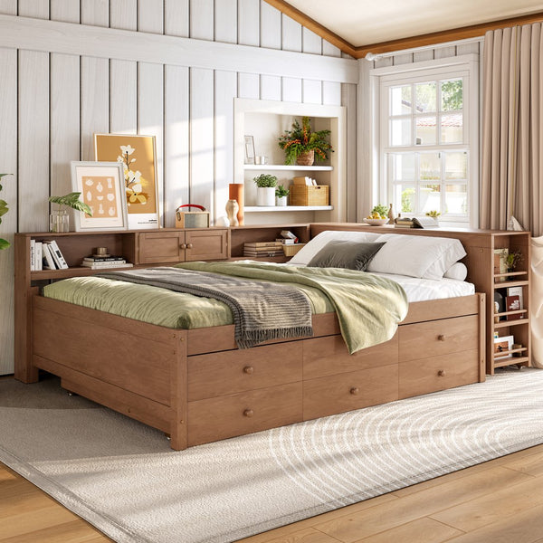 English Elm Twin Daybed Pine Frame with Trundle Desk Hutch Shelves and Storage for Kids Rooms Brown W1580S00462