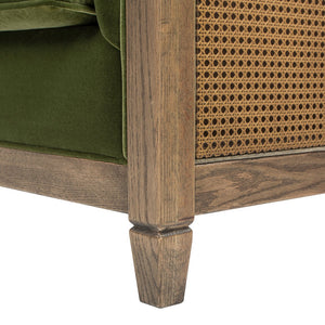 English Elm Jennifer Taylor Home - Georgia 81" Cane Rattan Tuxedo Sofa Olive Green Performance Velvet Solid Oak Frame Removable Cushions B2719P238322