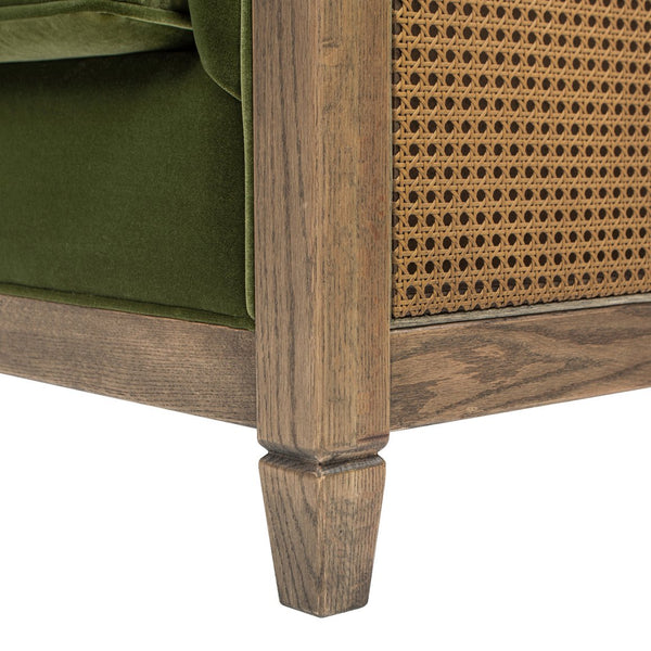 English Elm Jennifer Taylor Home - Georgia 81" Cane Rattan Tuxedo Sofa Olive Green Performance Velvet Solid Oak Frame Removable Cushions B2719P238322