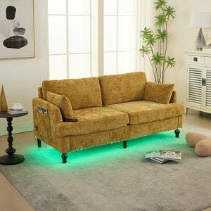 English Elm Modern chenille 2-seater sofa with LED, USB charging, storage pocket, solid wood legs, durable comfort Mustard yellow W395P318542