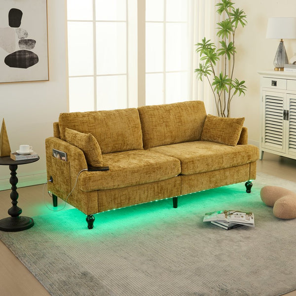 English Elm Modern chenille 2-seater sofa with LED, USB charging, storage pocket, solid wood legs, durable comfort Mustard yellow W395P318542