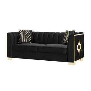 English Elm 81" Tufted Velvet Chesterfield Sofa with Gold Steel Legs for Elegant Living Rooms Black W1191S00063