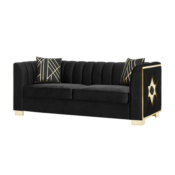 English Elm 81" Tufted Velvet Chesterfield Sofa with Gold Steel Legs for Elegant Living Rooms Black W1191S00063