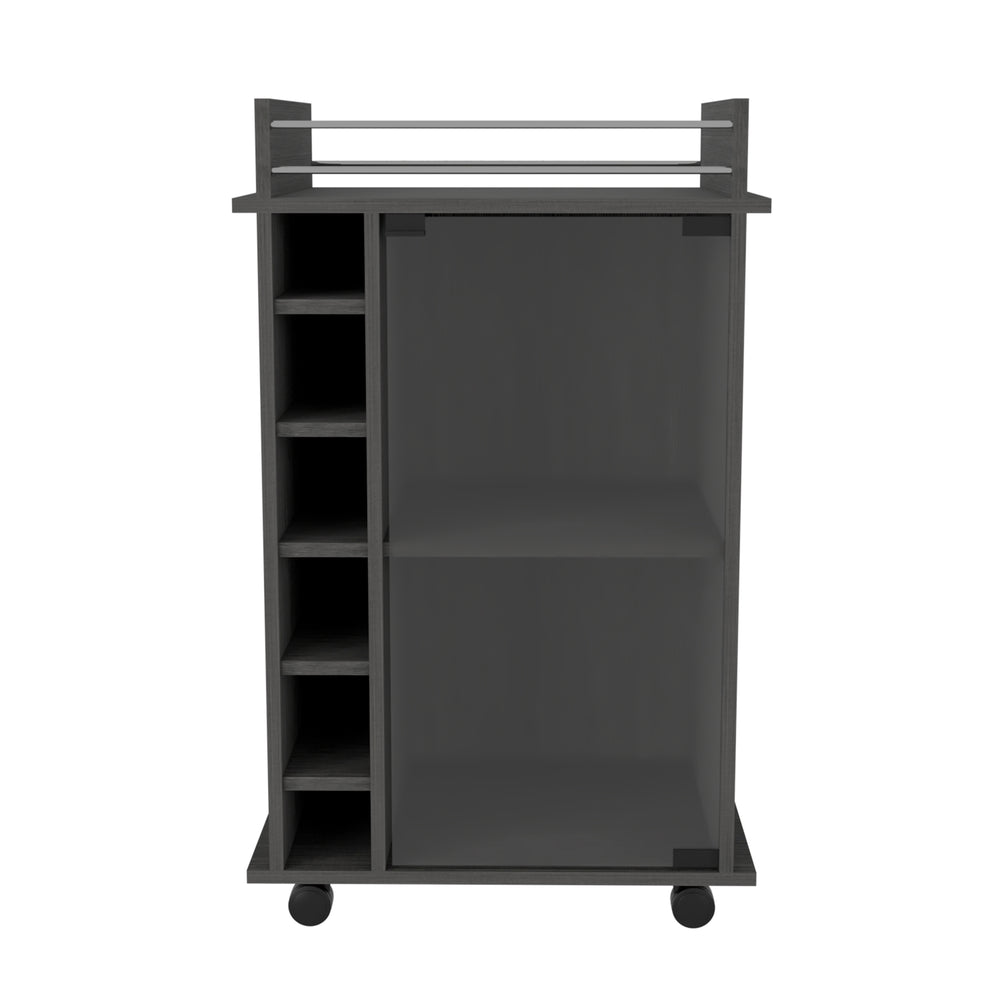 English Elm Bar Cart Baltimore - Stylish Smokey Oak Finish With 6 Wine Cubbies & Glass Door For Entertaining B092122864