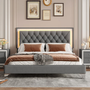 English Elm Queen Velvet Upholstered Bed Frame with LED Ambiance, Tufted Headboard, Sturdy Slat Support Gray 63.98 L x 23.23 W x 5.91 H N733P183657E