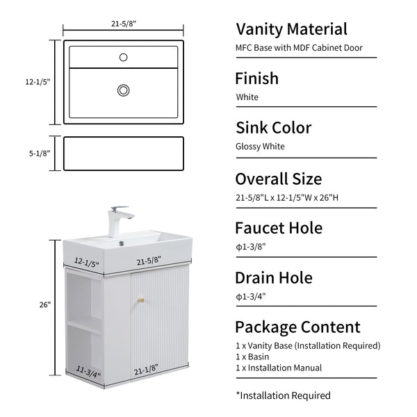 English Elm 21.6" Floating Bathroom Vanity White Wood Ceramic Sink Soft Close Cabinet Storage W1573S00090