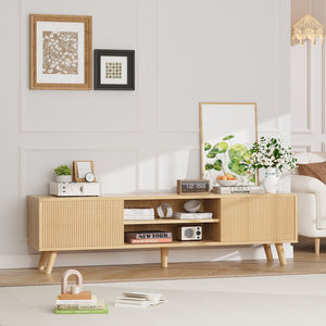 English Elm Fluted Wave Door Oak Finish Tv Stand with Open Shelving for Modern Living Rooms T3773P416488