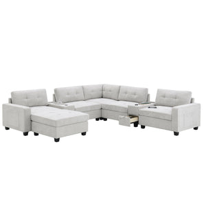 English Elm [new U-shaped Chenille Sectional Six Seat Tufted Couch with Usb Charging Storage Light Gray N723S1191K