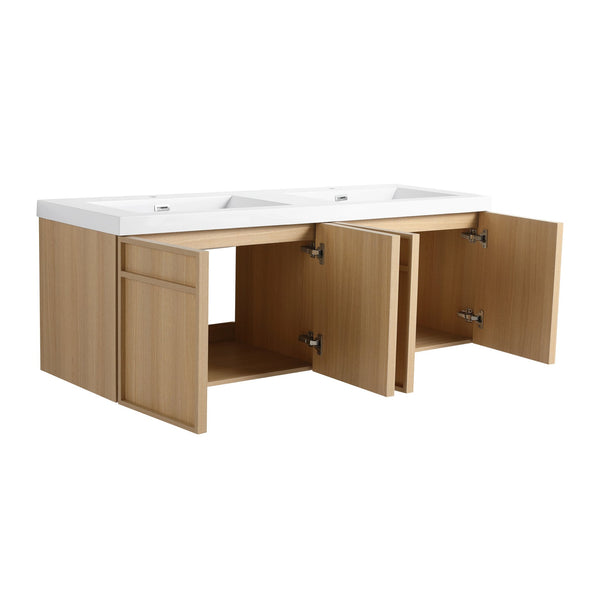 English Elm 60" 60" Wall-Mounted Bathroom Vanity with Double Resin Sink, 4 Soft-Closing Doors, Oak Finish W1972P315223