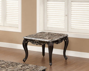 English Elm Square Ornate End Table 27.5"W Dark Walnut Marble Top Cabriole Legs Gold Accents Traditional Charm B2741P378468