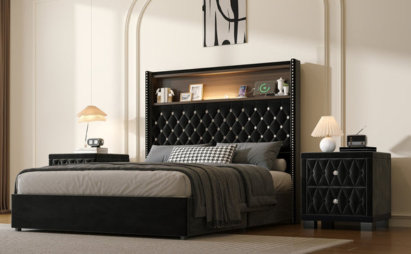 English Elm Full Velvet Wingback Platform Bed Tufted Headboard Shelf Usb Port Rivet Trim N733P368653B