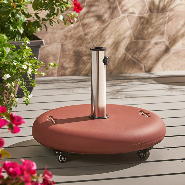 English Elm Wheelie Concrete Outdoor Umbrella Base with Locking Casters for Patio Stability Terracotta 60454.00RED