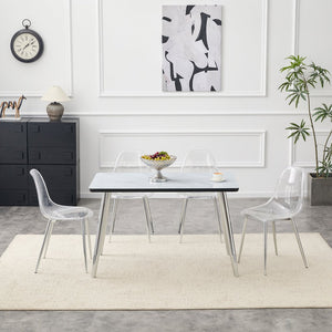 English Elm Table and Chair Set with Marble Glass Top Silver Legs Four Transparent Seats W1151S04648
