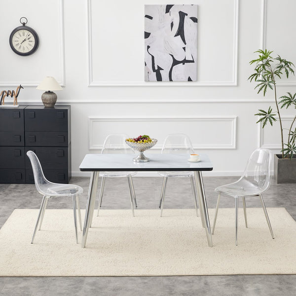 English Elm Table and Chair Set with Marble Glass Top Silver Legs Four Transparent Seats W1151S04648