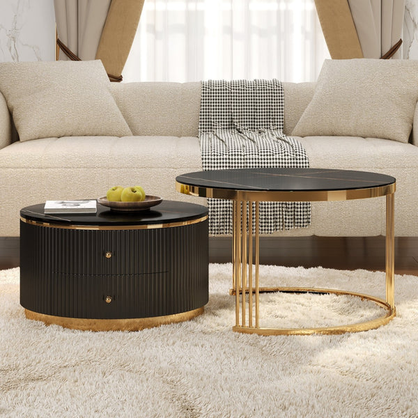 English Elm Modern Round Nesting Coffee Table Set with Gold Pedestal Legs and Storage Drawers Black N735P349323B