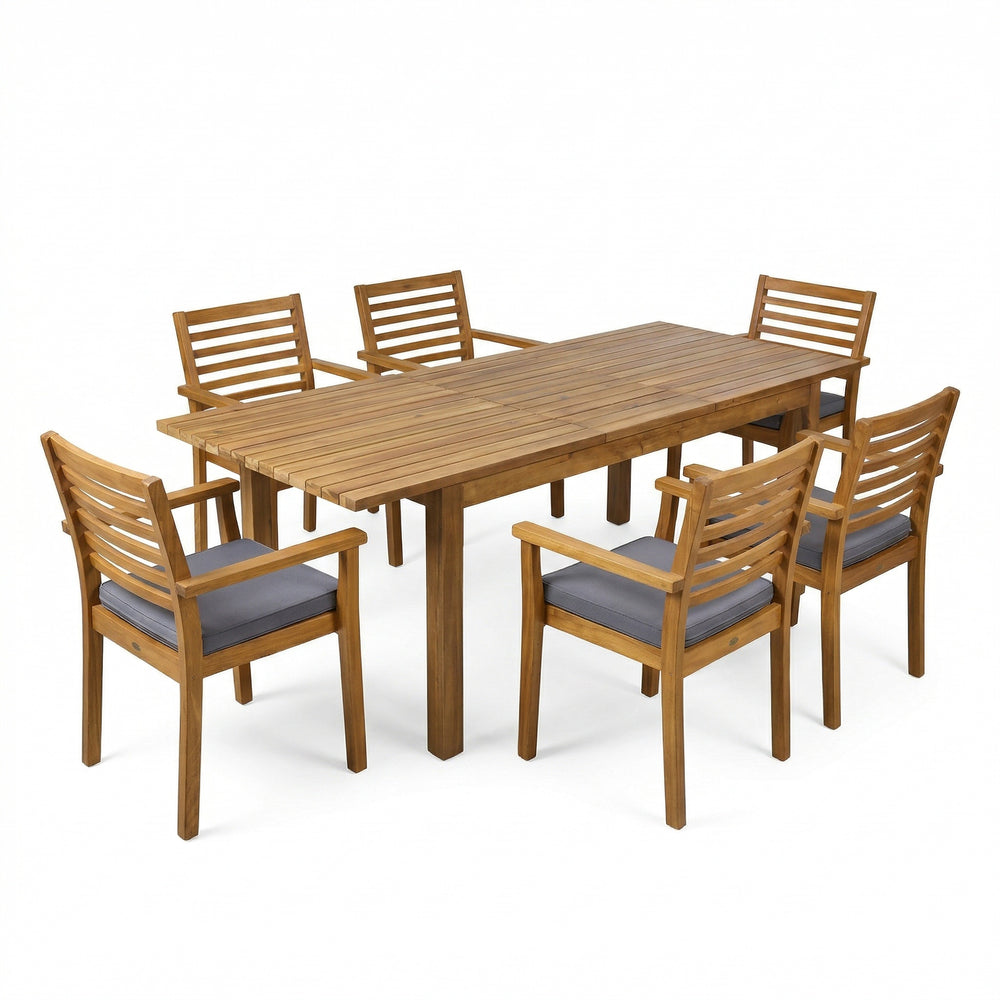 English Elm 7 Piece Solid Acacia Outdoor Dining Set Extendable Table Six Cushioned Chairs N762S000039AAA