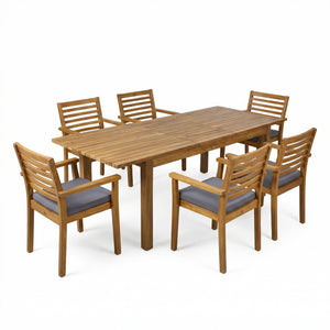 English Elm 7 Piece Solid Acacia Outdoor Dining Set Extendable Table Six Cushioned Chairs N762S000039AAA