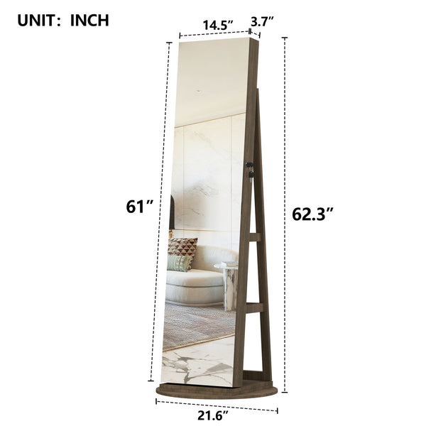 English Elm 360°swivel Jewelry Armoire with Lighted Interior Full Length Mirror Lockable White Antique Brown W3406P411300