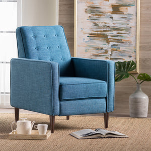 English Elm Christopher Knight Home® - Fabric Recliner Chair Mid-Century Modern Pushback Single Sofa with Tufted Cushion, Birch Legs, Cozy Comfort Blue 60741.00MBLU