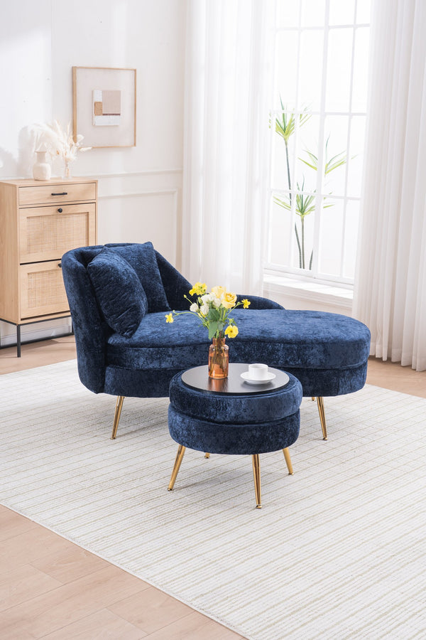 English Elm 58'' Chenille Chaise Lounge with Footstool Pocket Spring Comfort for Bedroom Living Room Blue W2363S00090