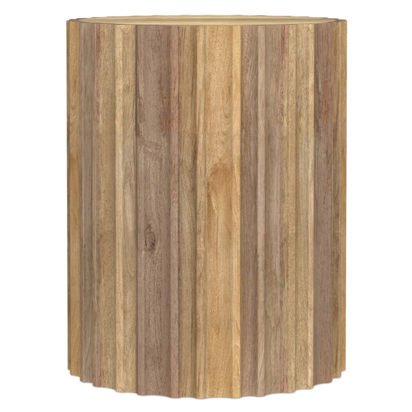 English Elm Rolf Solid Mango Wood Drum Side Table Hand Carved Fluted Sculptural Natural Finish B136P420284