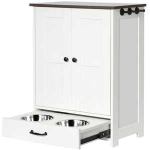 English Elm Dog Feeding Station Cabinet with Pull Out Bowls Storage Hooks White Pet Organizer W1687P205402