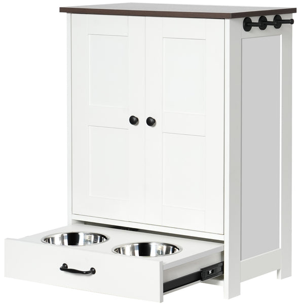 English Elm Dog Feeding Station Cabinet with Pull Out Bowls Storage Hooks White Pet Organizer W1687P205402