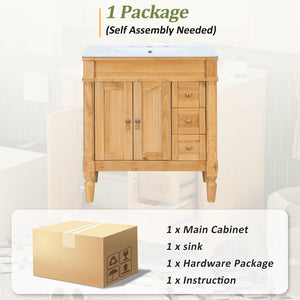 English Elm 30-inch Freestanding Bathroom Vanity Solid Wood Base Ceramic Sink Gold Hardware N729P299368N