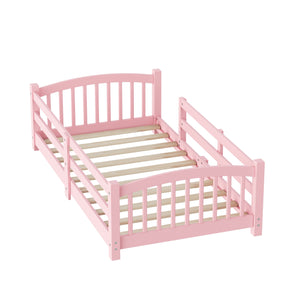 English Elm Twin Montessori Floor Bed Solid Pine Frame with Safety Guardrails for Kids Bedroom Pink N733P400298H