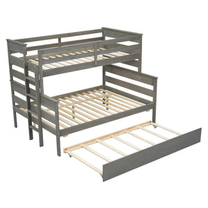 English Elm Wood Twin over Full Bunk Bed with Twin Trundle – Space-Saving Pine/MDF Triple Bed, Sturdy & Safe Design Grey GX000448AAE-1