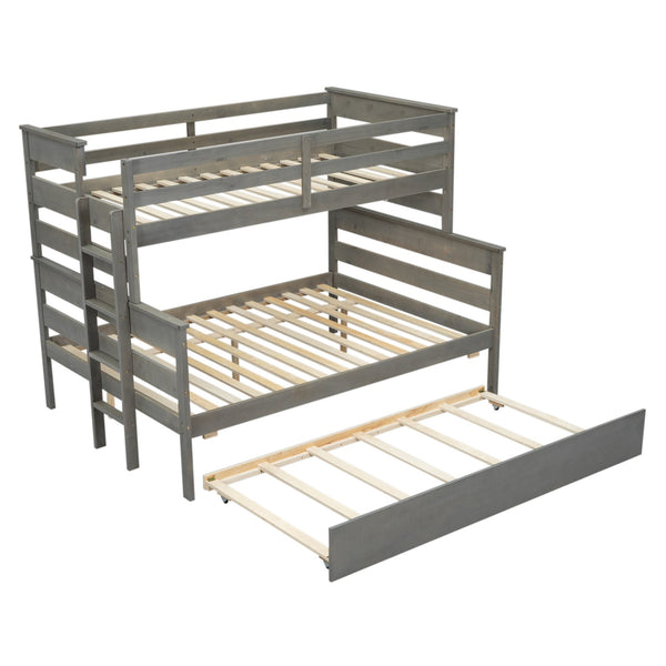 English Elm Wood Twin over Full Bunk Bed with Twin Trundle – Space-Saving Pine/MDF Triple Bed, Sturdy & Safe Design Grey GX000448AAE-1