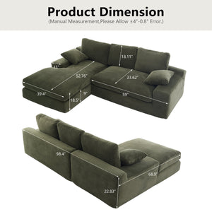 English Elm Green corduroy compressed sofa with 3 back cushions & 2 throw pillows — soft, resilient, space-saving comfort W3612S00016