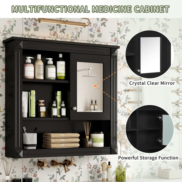 English Elm 32'' Bathroom Wall Cabinet Mirror — 32-inch Wall-Mounted Medicine Cabinet with Adjustable Shelves for Streamlined Bathroom Storage and Stylish Organization Black N710P254922B
