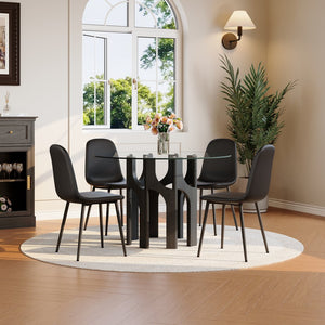 English Elm Round Tempered Glass Dining Table Sculptural Geometric Mdf Base Seats Four Compact Black W3875P387177