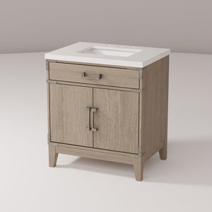English Elm Grey Oak Single Bath Vanity With White Quartz Top, 30" W X 22" D - Modern Design & Ample Storage B2731P259764
