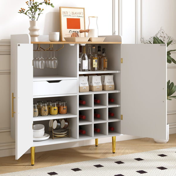 English Elm Modern Fluted Bar Cabinet with Wine Rack Glass Holders Adjustable Shelving and Hidden Drawer White N728P438606W