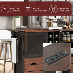 English Elm K&K 54" Farmhouse Kitchen Island Cart with Drop Leaf, Wine Rack, Power Outlet and Rolling Storage Black N707P349814B