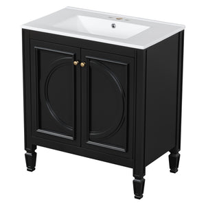 English Elm Christopher Knight Home® - 30" Bathroom Vanity with Sink Vintage Freestanding Ceramic Top Soft-Close Doors Gold Knobs, Storage Black N759P226000B