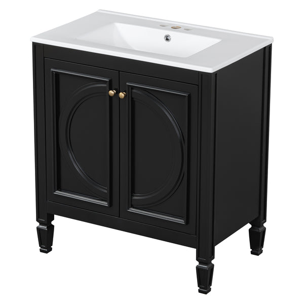 English Elm Christopher Knight Home® - 30" Bathroom Vanity with Sink Vintage Freestanding Ceramic Top Soft-Close Doors Gold Knobs, Storage Black N759P226000B